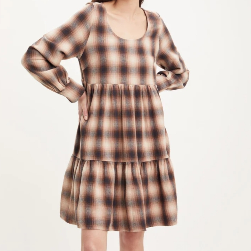 Levi's Andy Babydoll Brown Plaid Flannel Cotton Dress Long Sleeve Size Medium